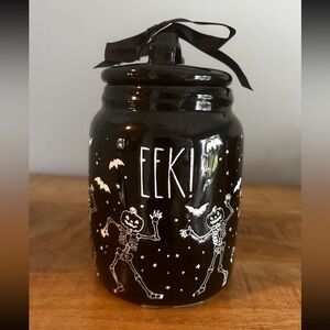 Rae Dunn Halloween Jar Container Canister Eek treat jar black w/ skeletons HTF